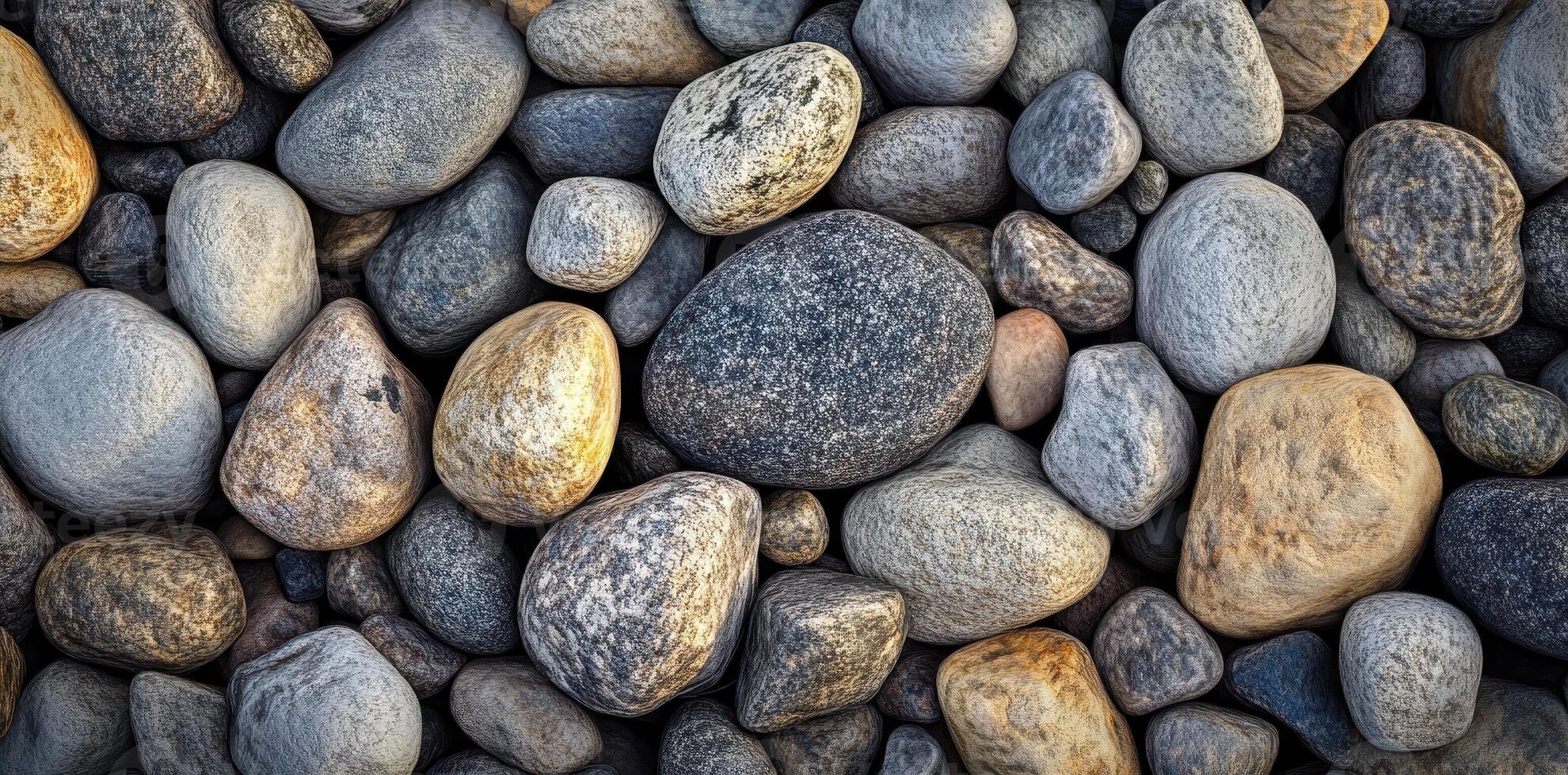 An arrangement of smooth stones and pebbles in various colors photo