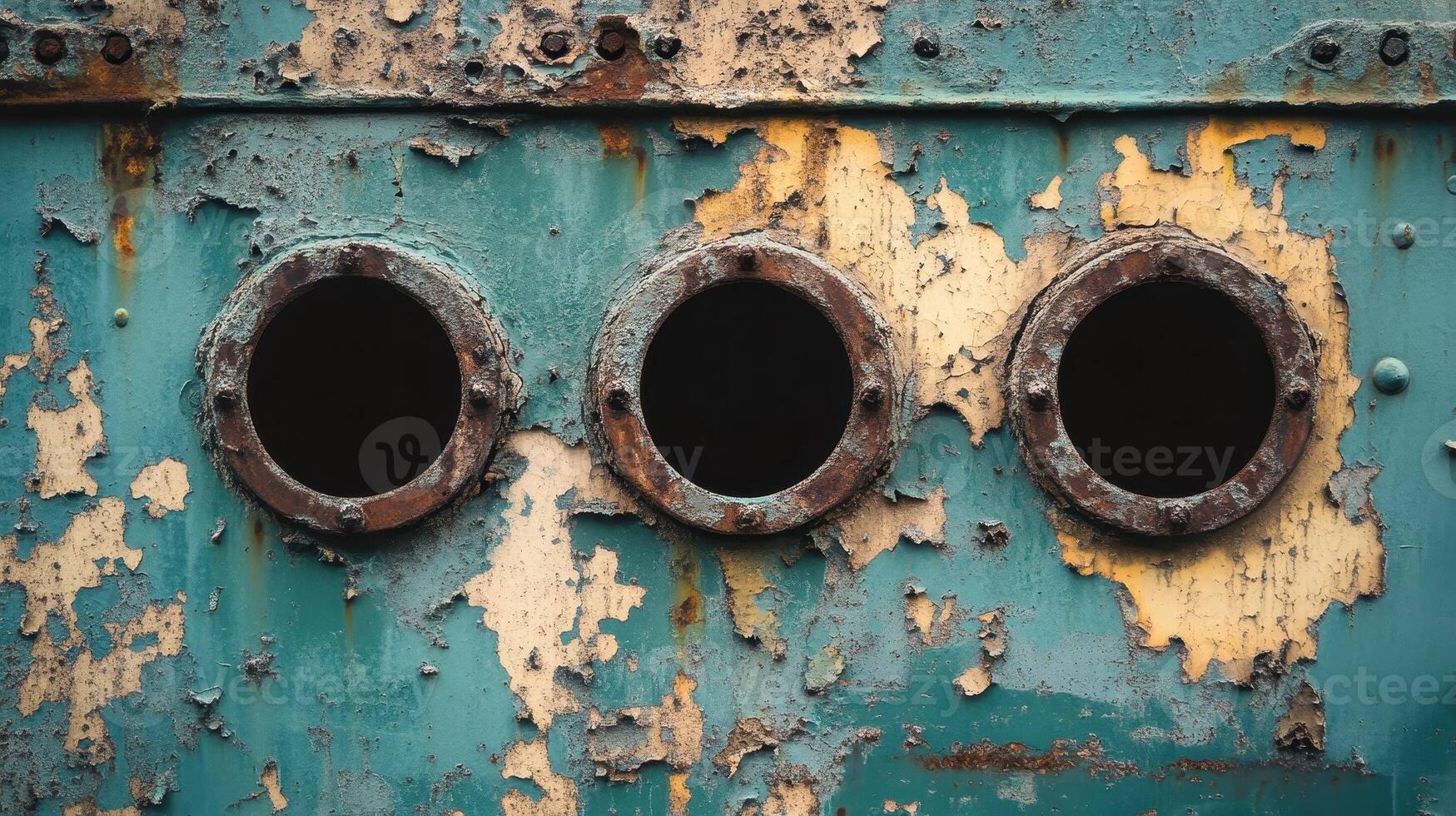 Three circular openings punctuate a rusted and peeling metal surface photo