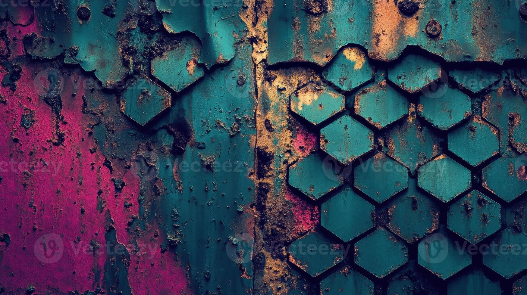 Weathered metal surface with honeycomb pattern and paint remnants photo