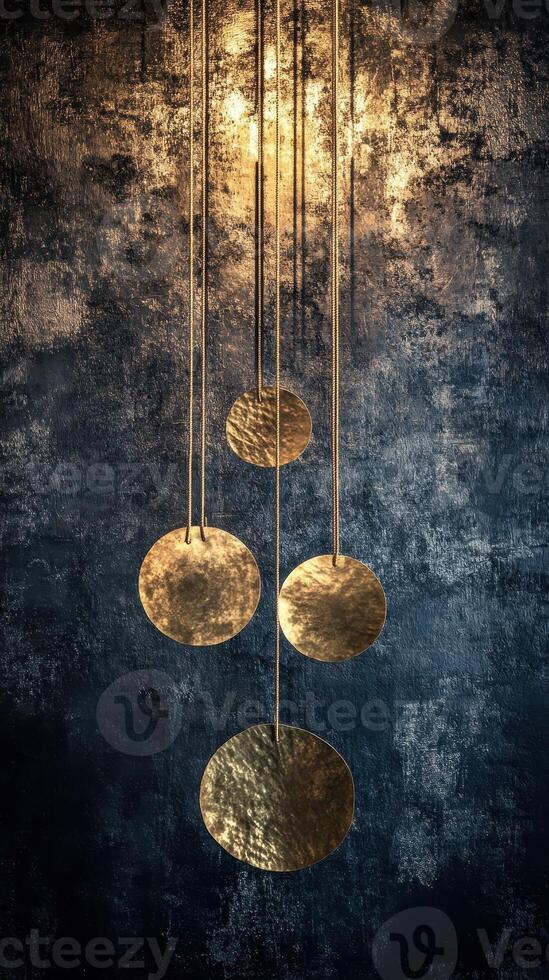 Golden textured discs suspended by delicate strings against a textured background photo