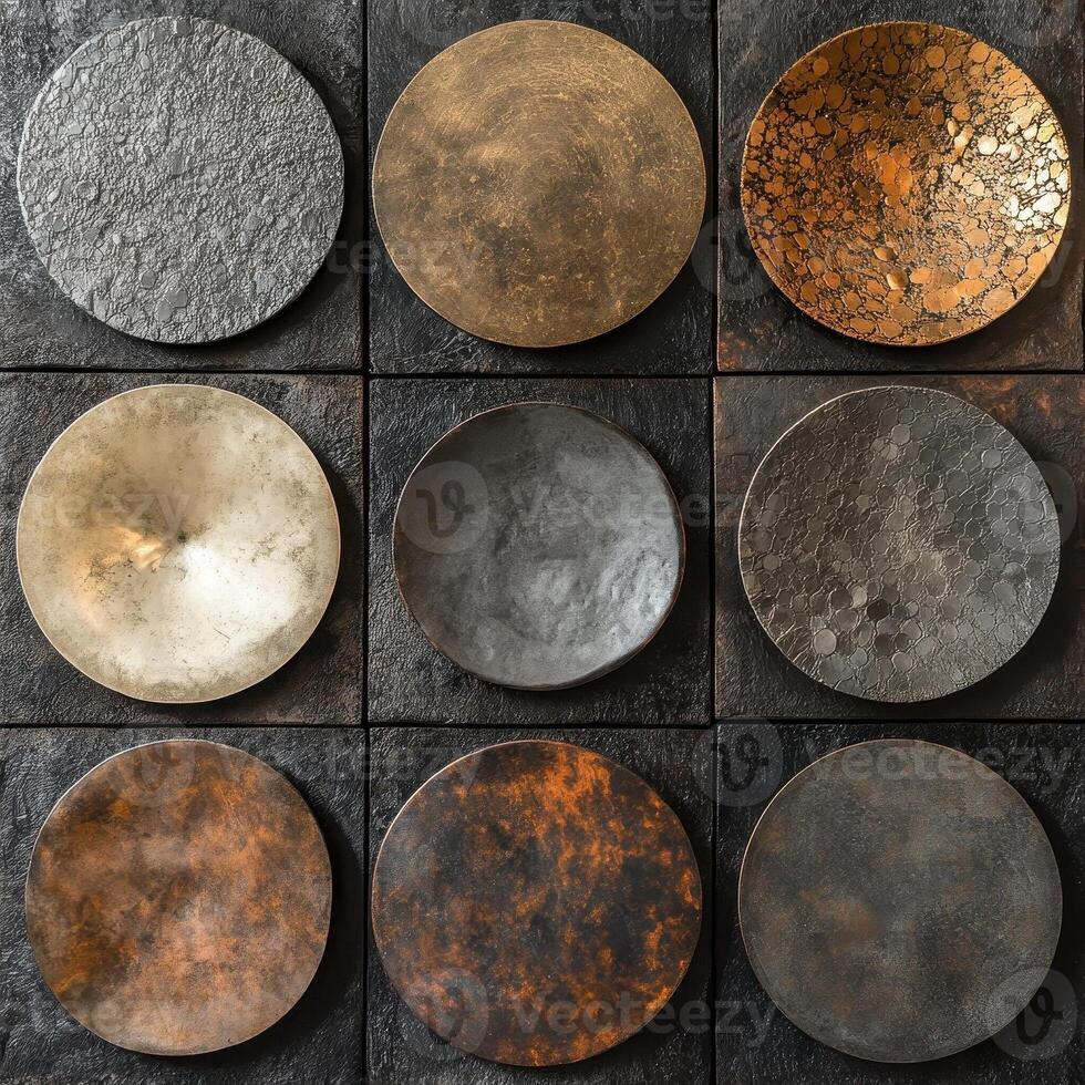 Nine decorative circular metallic art pieces arranged on square tiles photo