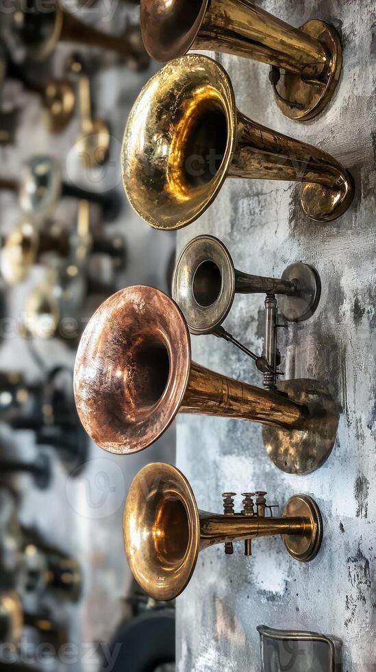 A collection of antique brass horns adorn a textured wall photo