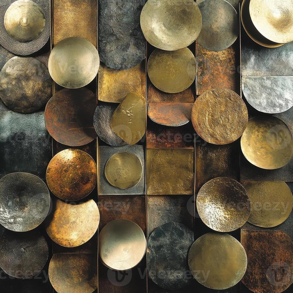 Metallic textured circles and squares create an abstract arrangement photo