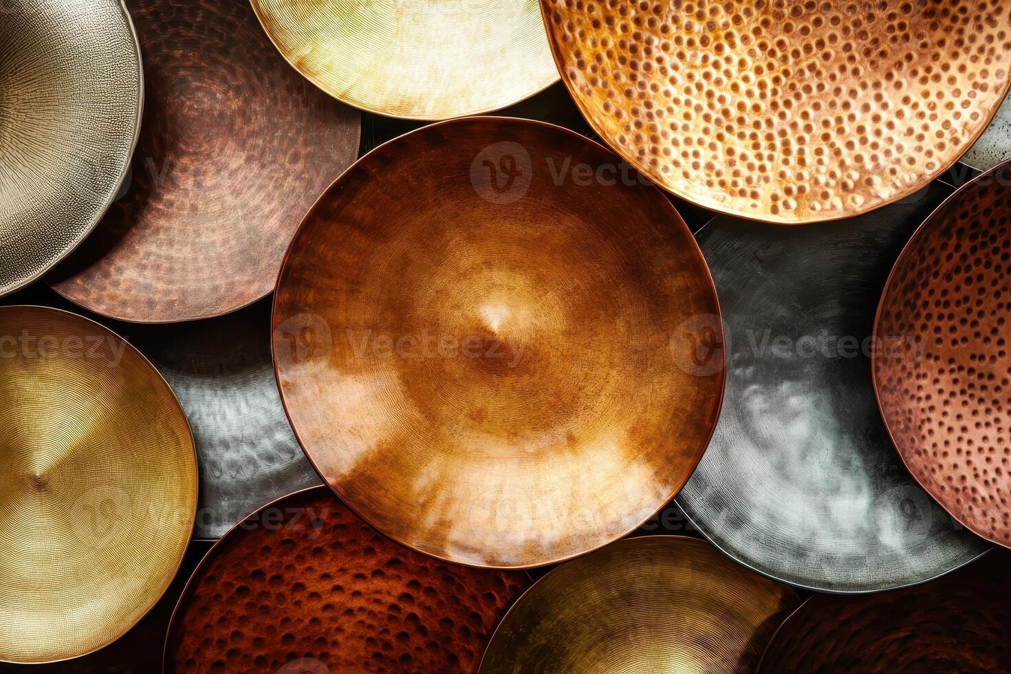 Various metallic circular platters layered creating an abstract background photo