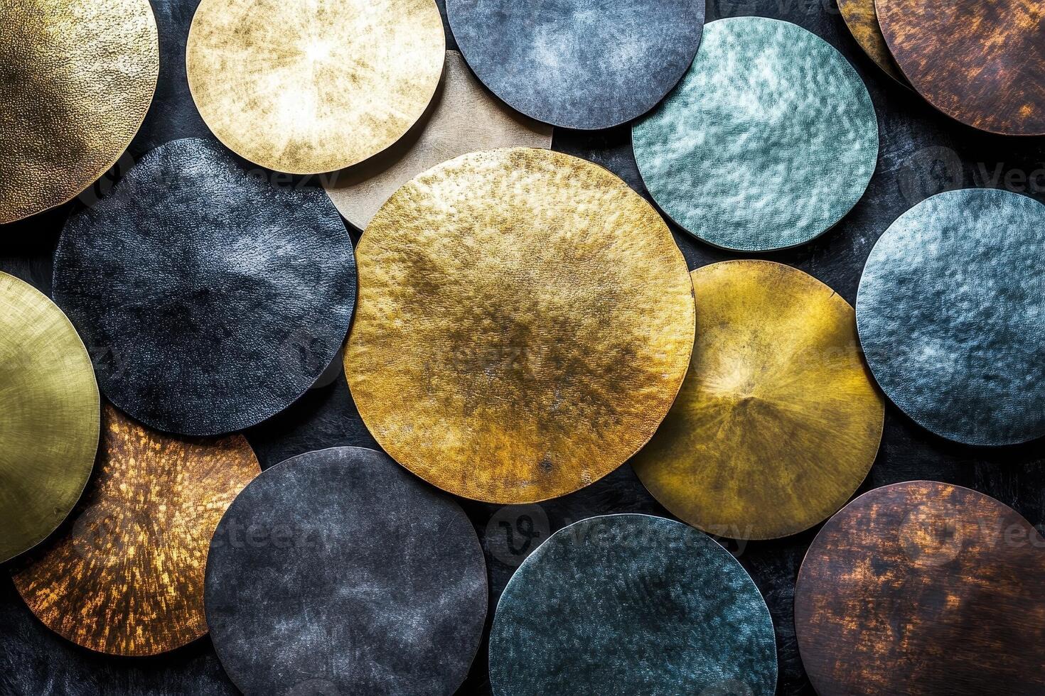 Assorted textured metallic discs arranged in overlapping patterns create depth photo