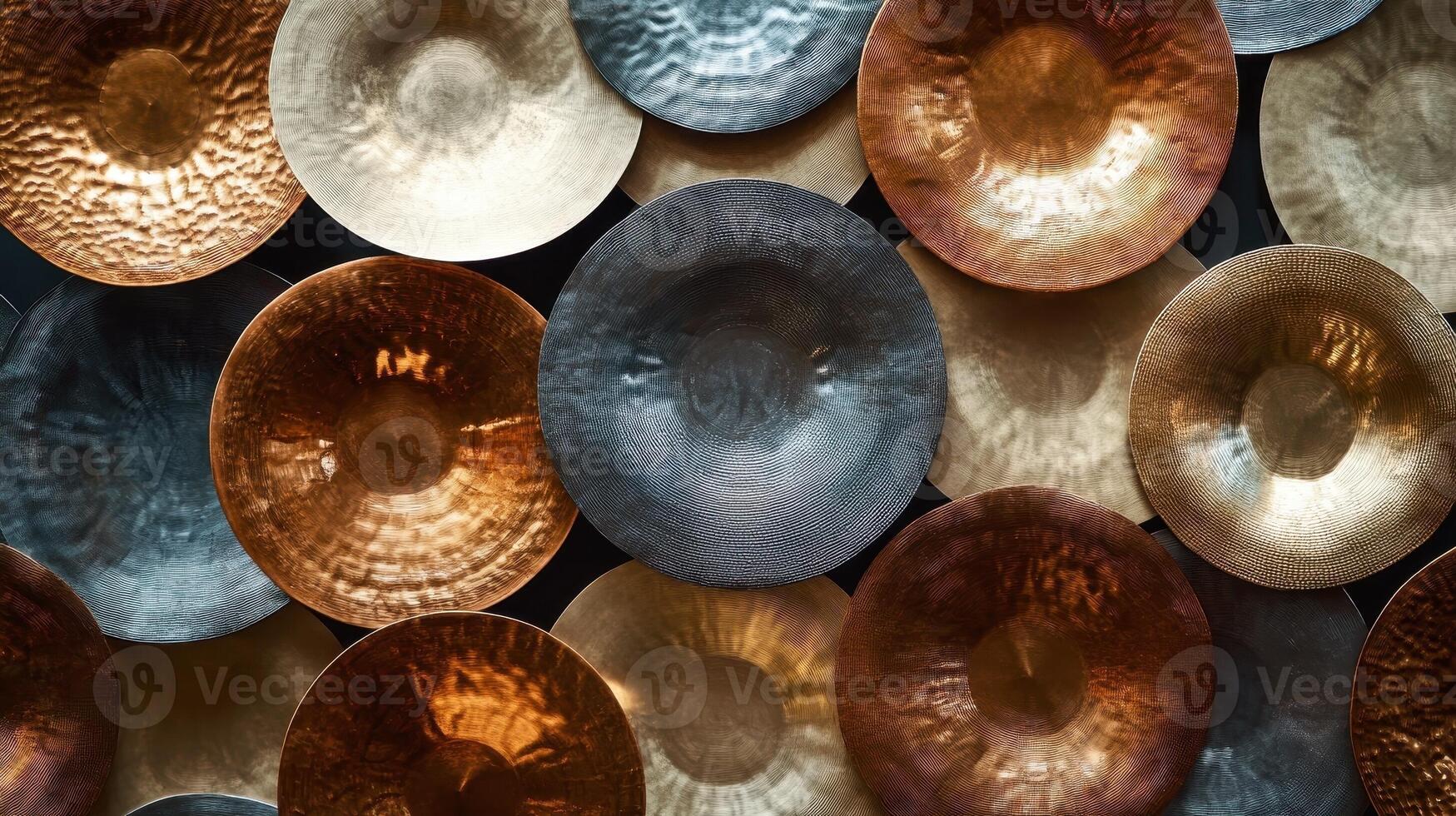 Assorted cymbals of different metallic colors create an abstract pattern photo