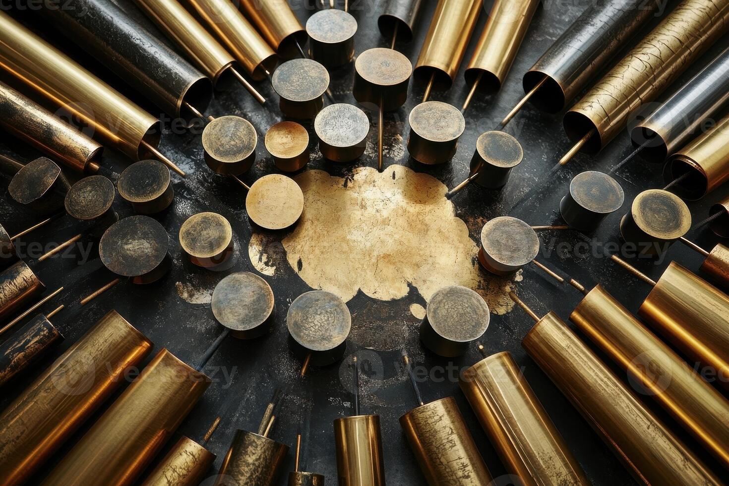 Abstract pattern featuring metallic cylinders and circular shapes photo