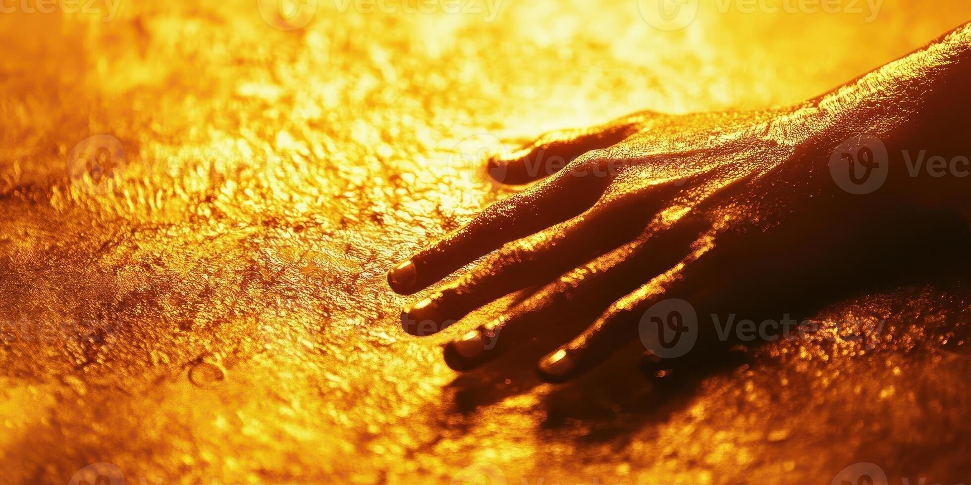 Gold painted skin with hand resting gently on surface photo