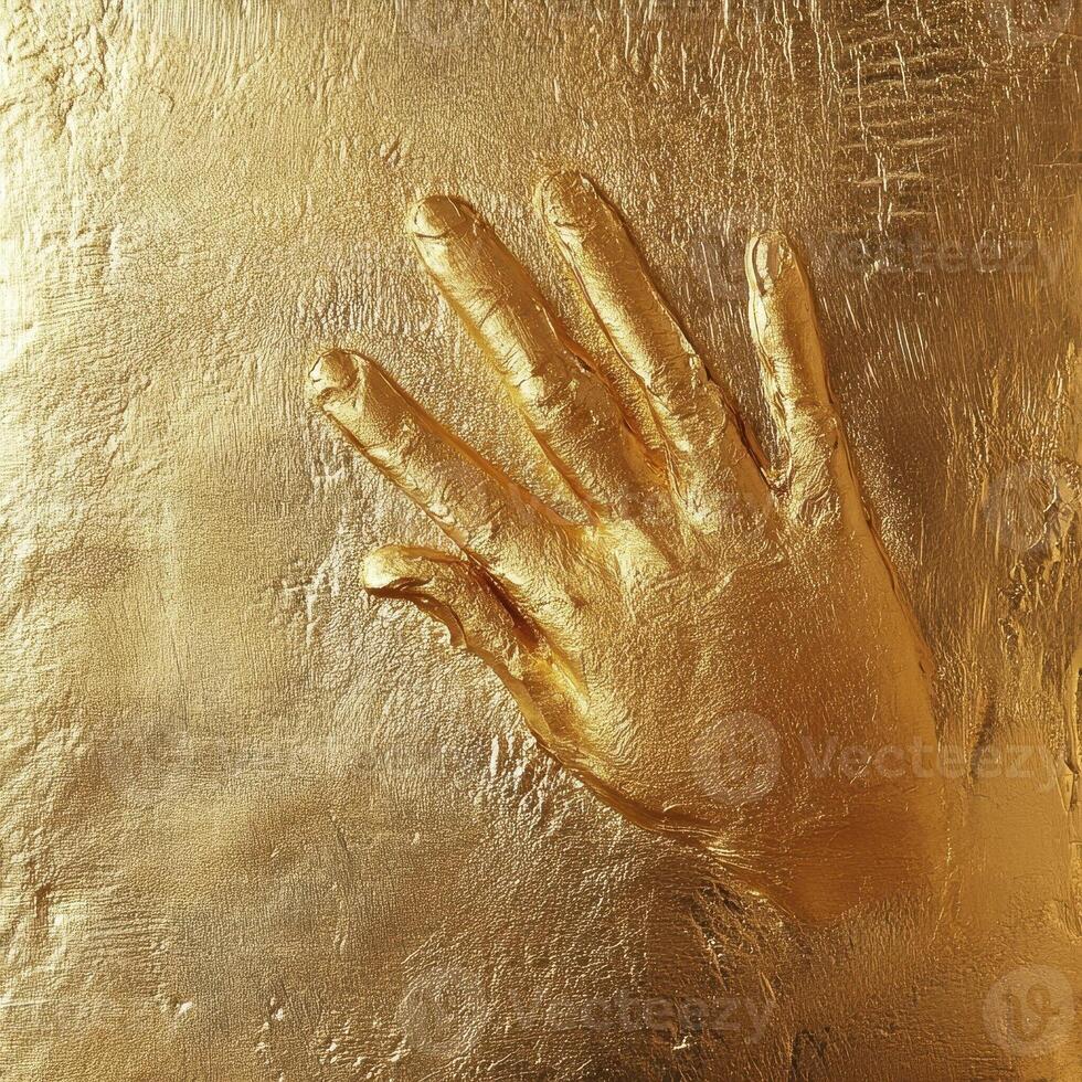 Imprint of a golden hand pressed into a shimmering surface photo