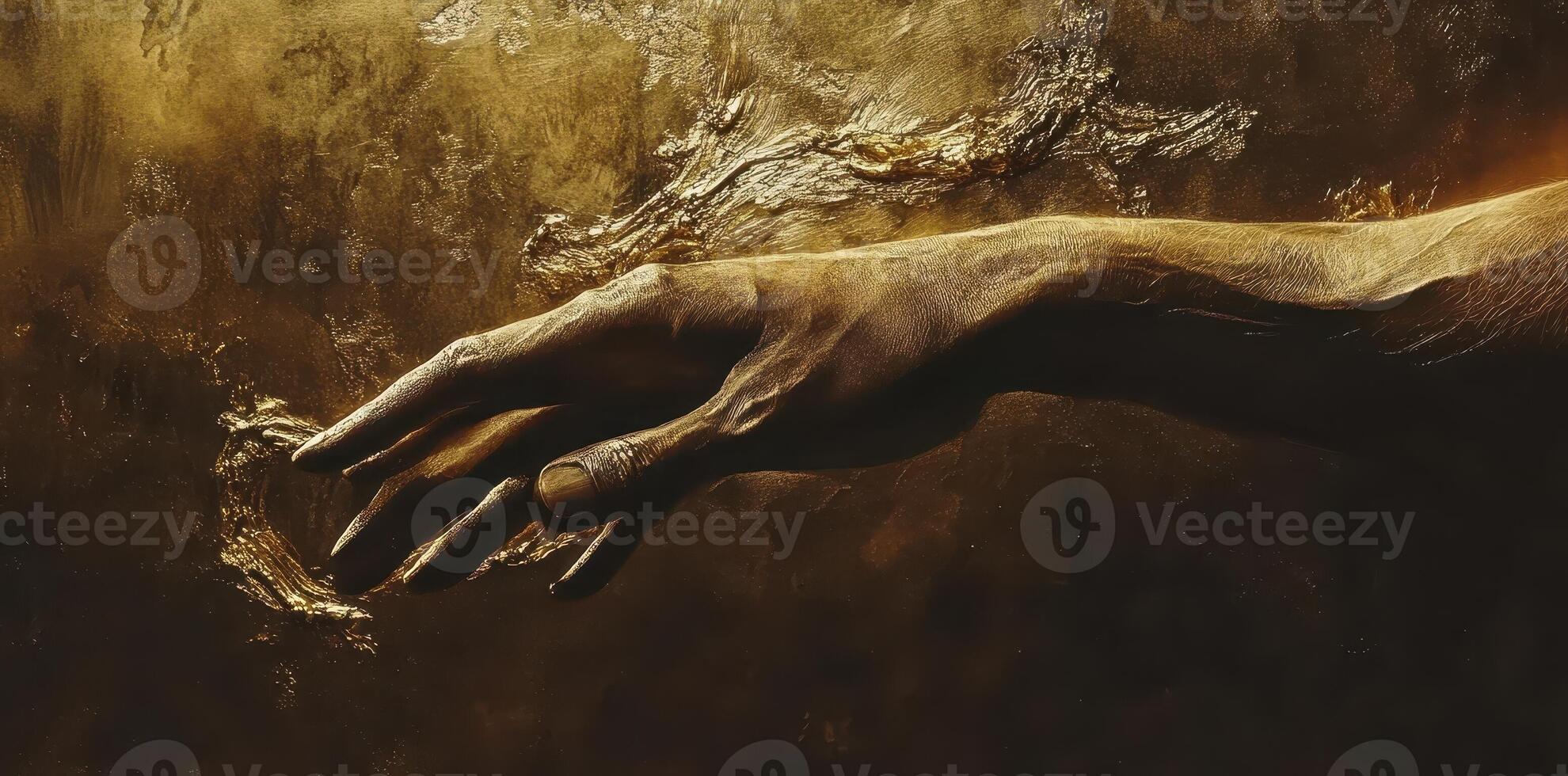 A sculpted hand reaching out over a textured golden surface photo