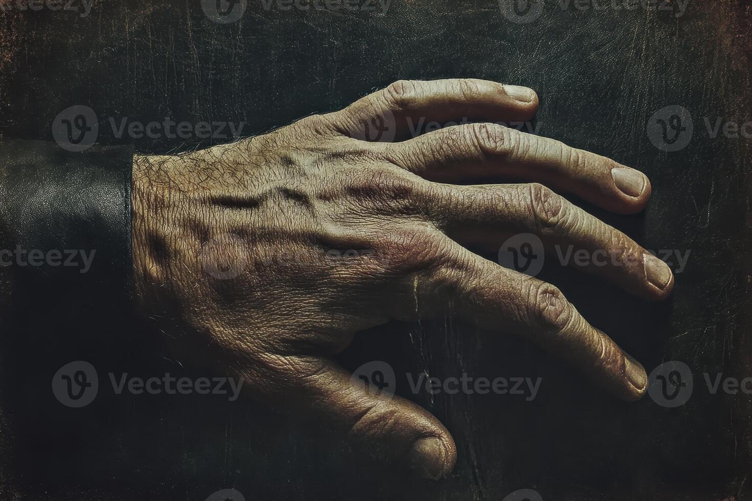 A weathered hand rests against a dark textured surface photo