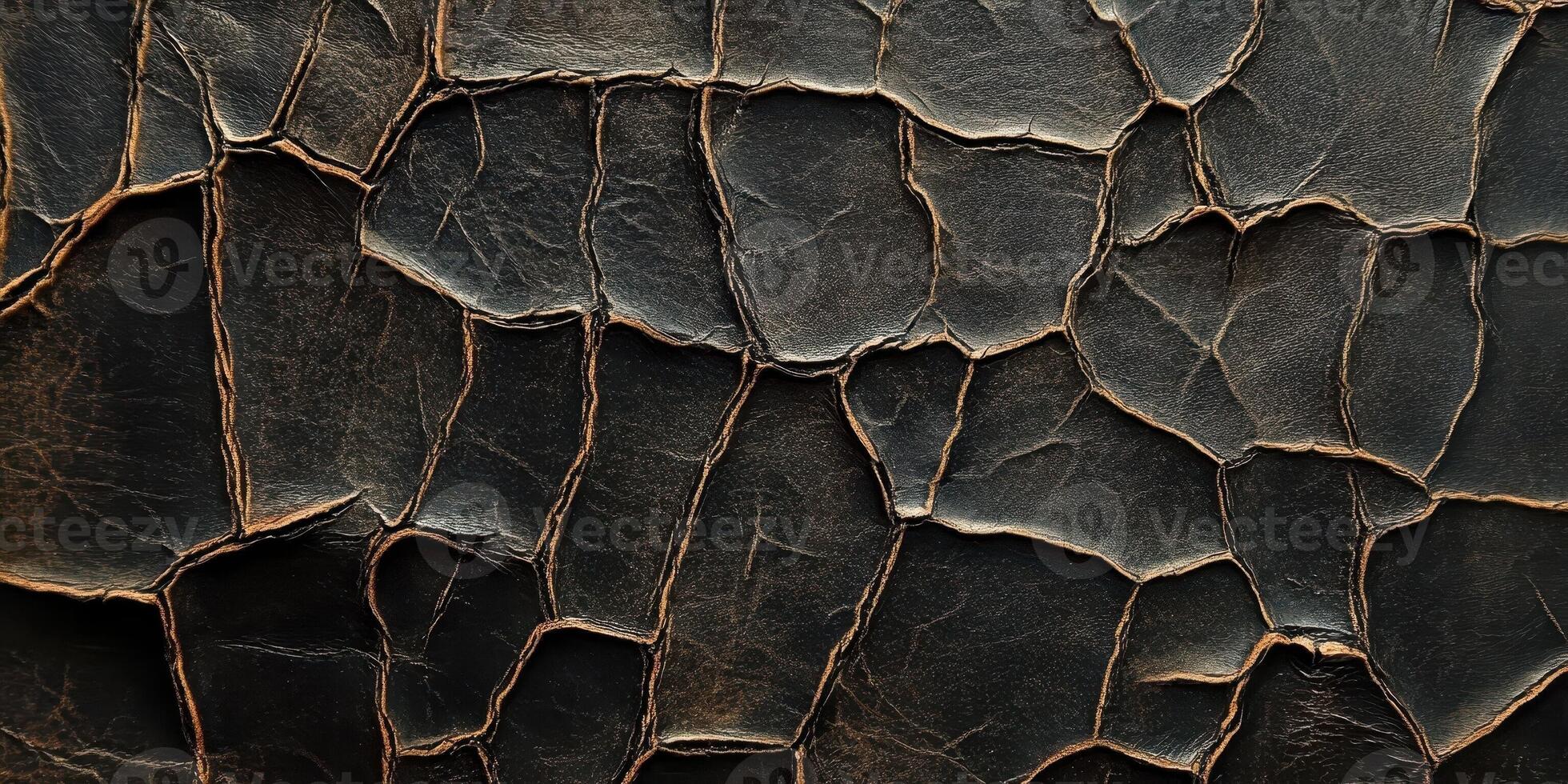 Heavily cracked dark leather surface with raised edges texture photo
