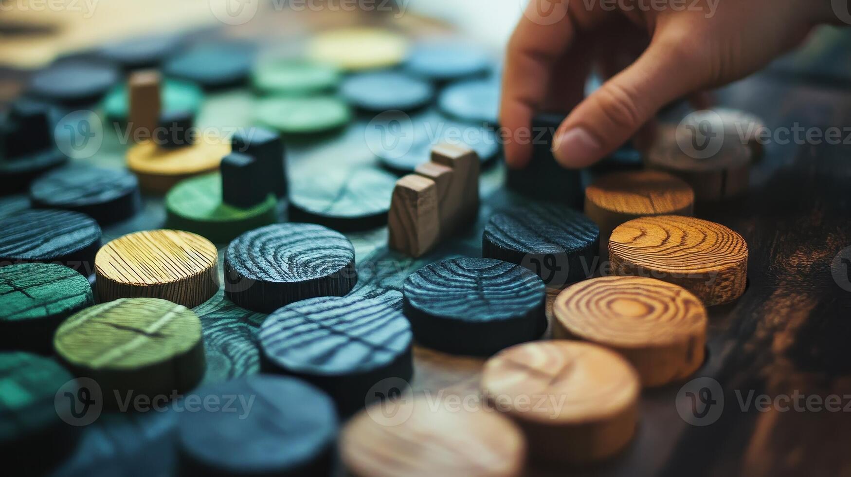 Hand placing a black wooden piece on a board game photo