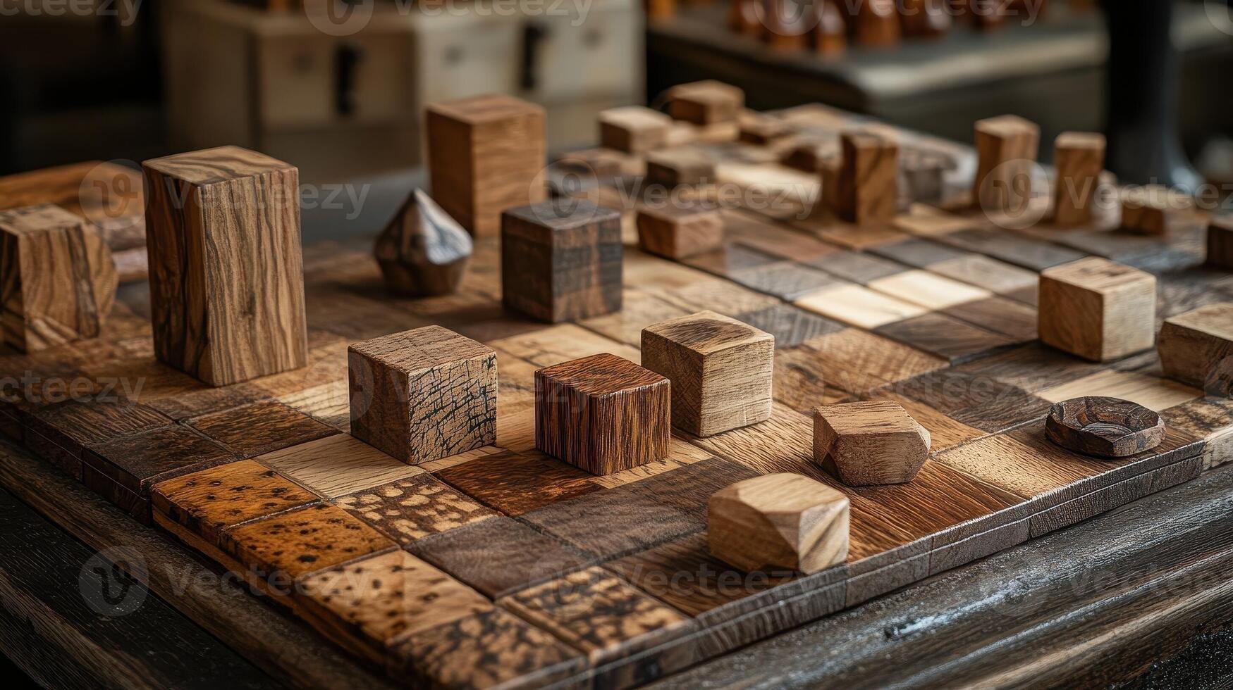 Intricate wooden board game with assorted handcrafted pieces displayed photo