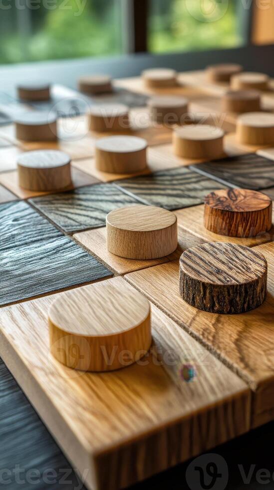 Wooden checkers and checkerboard game showcasing craftsmanship and detail photo