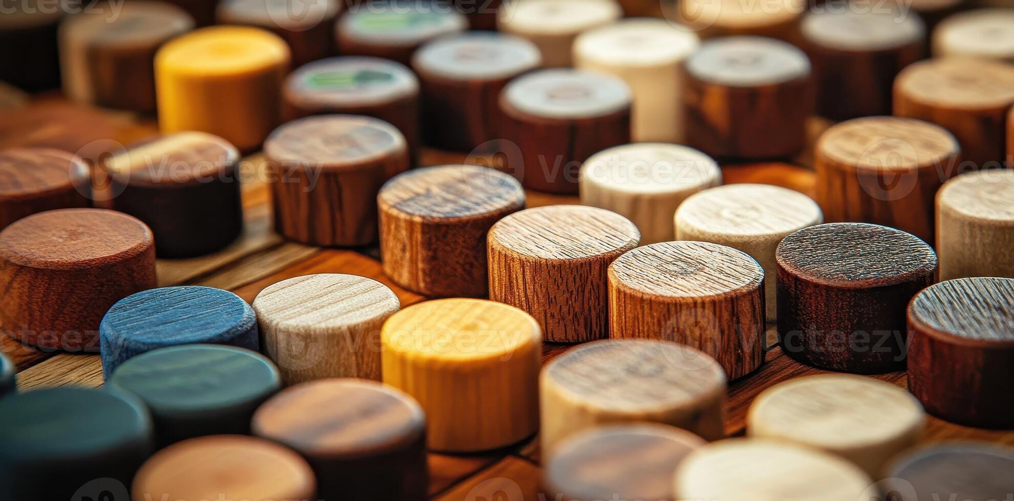 Assorted colorful wooden game pieces are arranged in rows photo