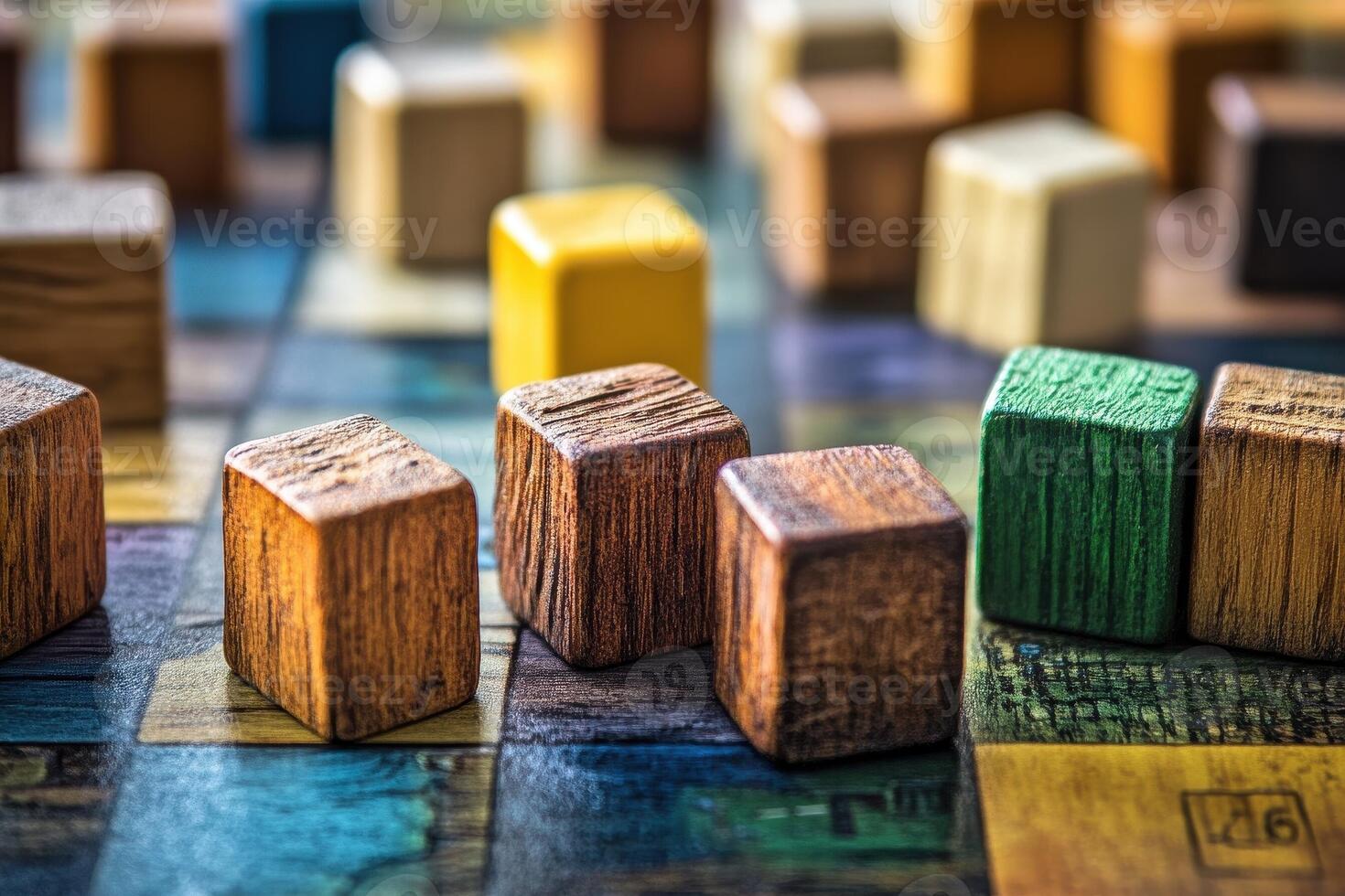 Colorful wooden cubes scattered across a textured patterned surface photo
