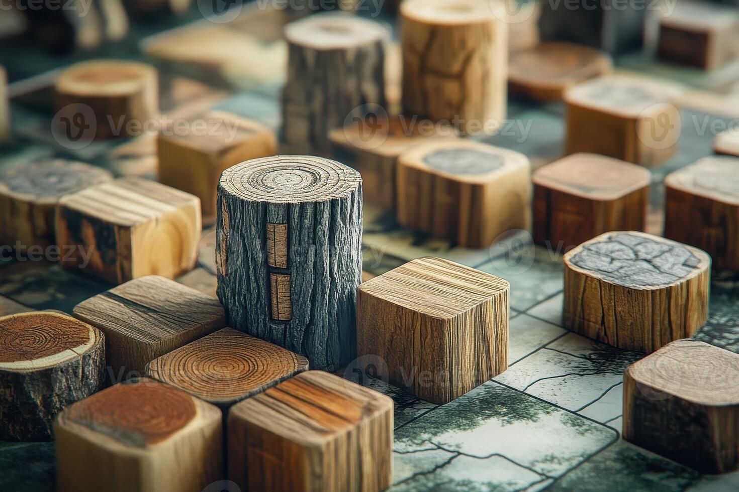 Collection of wooden cubes and cylinders on a patterned board photo