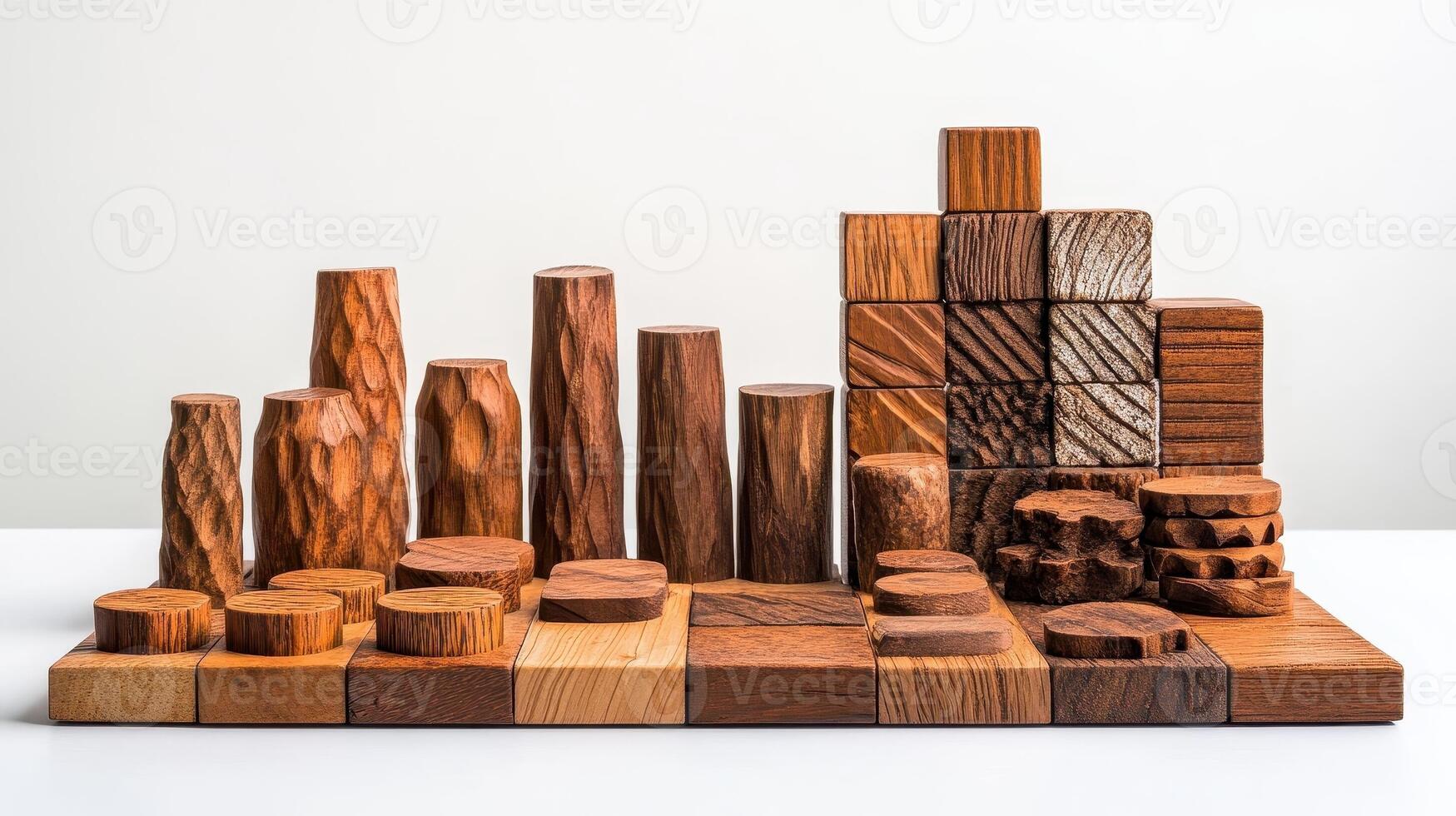 Wooden blocks and cylindrical pieces are artistically arranged on surface photo