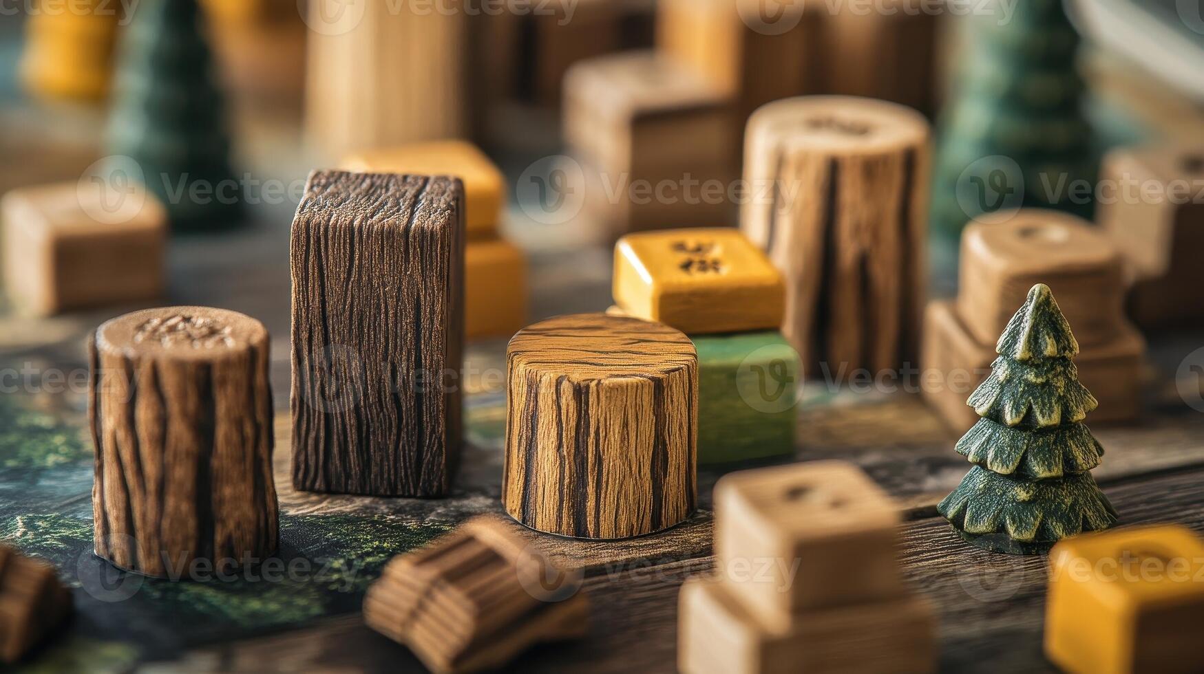Assortment of wooden game pieces resembling trees and logs photo