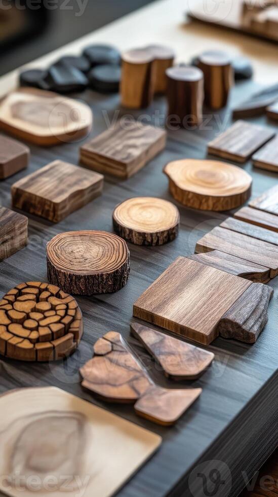 Varied collection of wooden blocks and objects displayed creatively photo