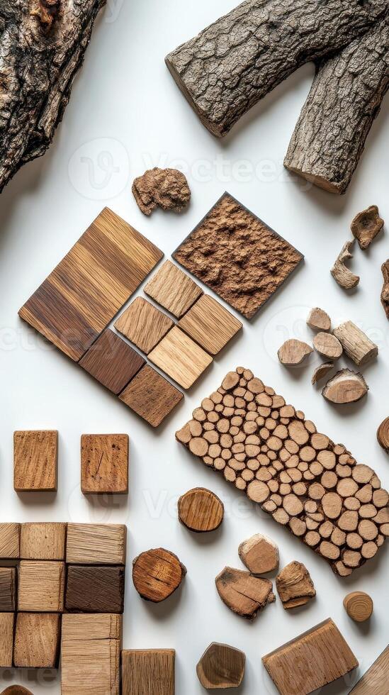 Assorted wood blocks arranged symmetrically on a clean white surface photo
