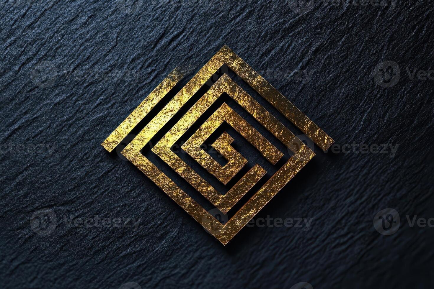 Golden maze emblem resting on a textured dark surface photo
