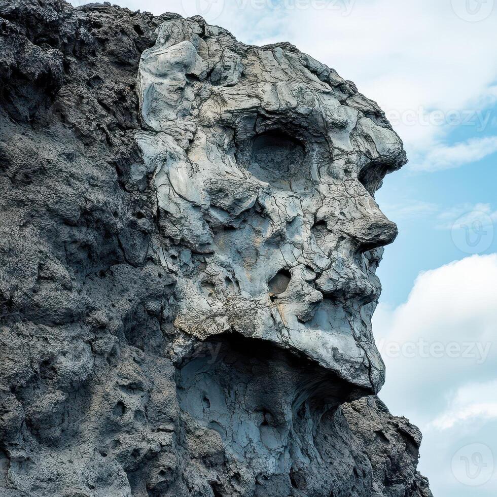 Rock formation resembling a human skull stands against the sky photo