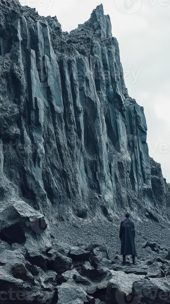 Figure stands at the base of a colossal rock formation photo
