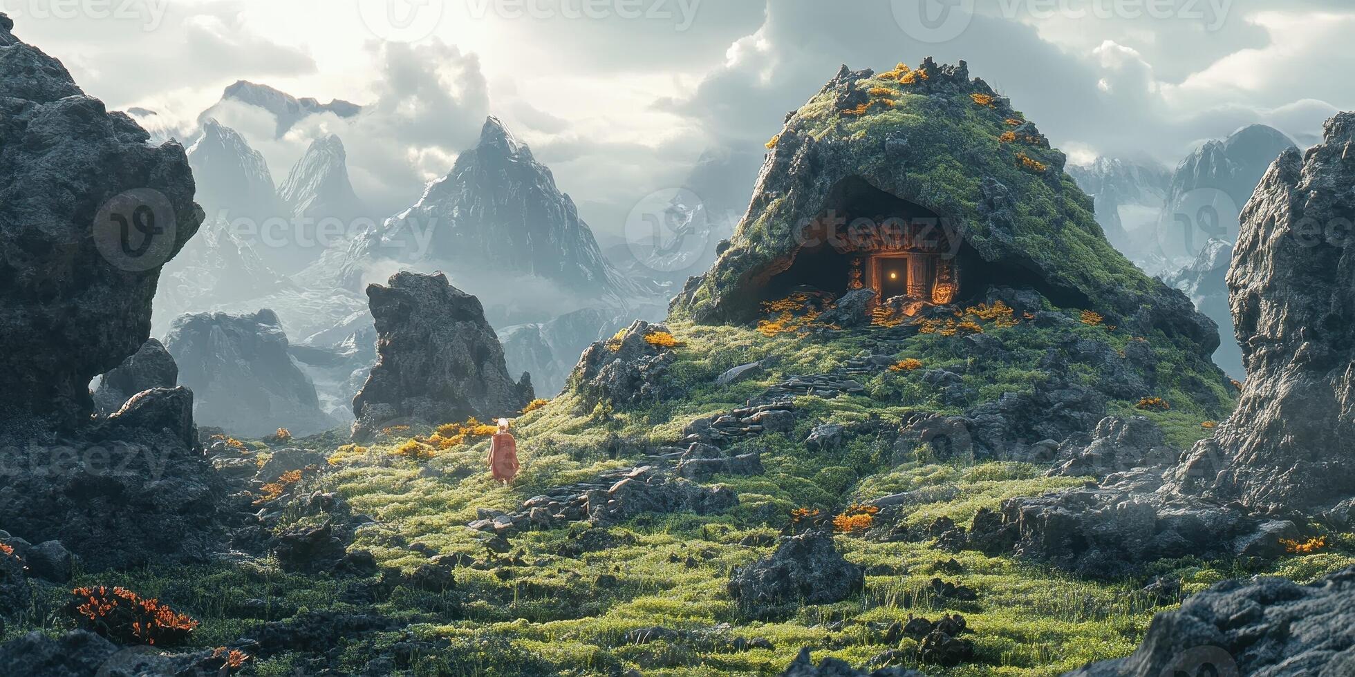 A lone traveler approaches a mysterious illuminated mountain cave photo