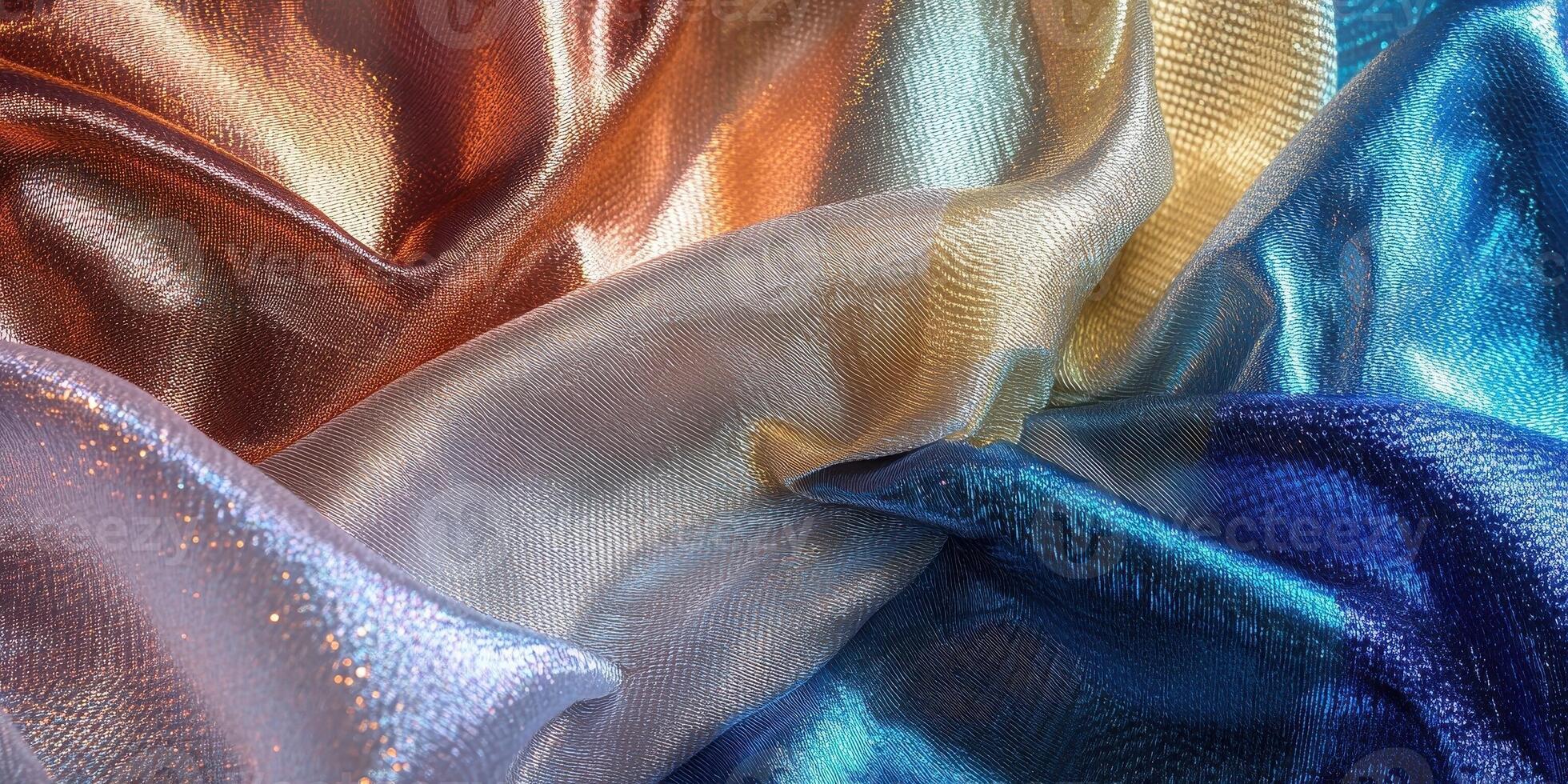 Draped iridescent fabrics create a shimmering and colorful abstract composition photo