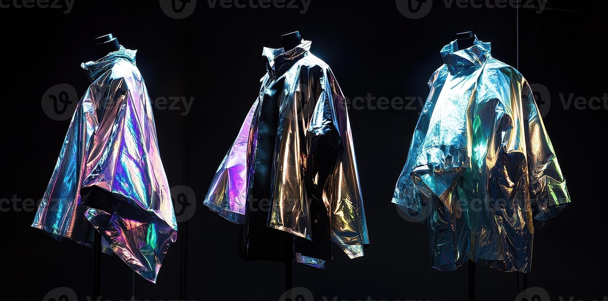 Three iridescent rain ponchos displayed on mannequins against black backdrop photo