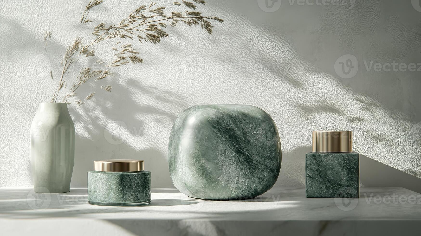 Marble textured containers vase and dried plants create artistic arrangement photo