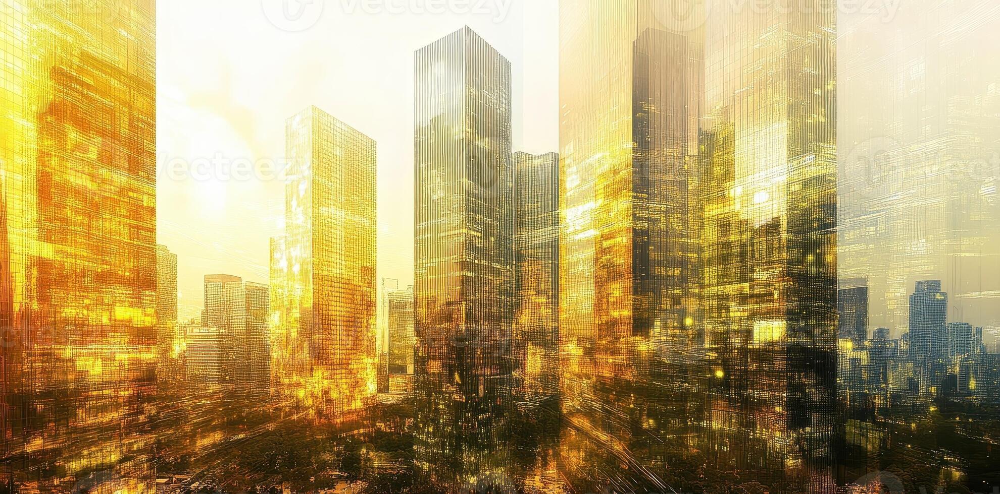 Golden cityscape featuring modern skyscrapers with a unique artistic rendering photo