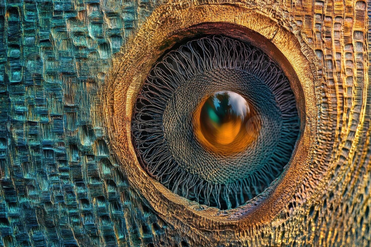 Intricate golden scales surround a reflective iridescent sphere center photo