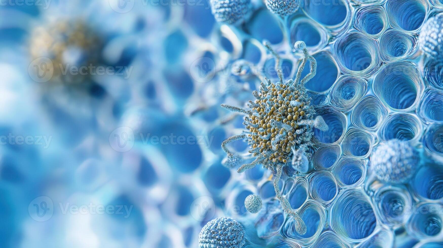 Microscopic view of cancer cells interacting with a cellular structure photo