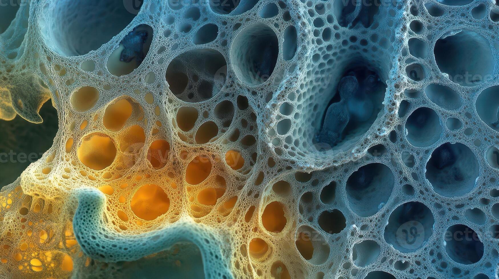 Microscopic structure with interconnected holes and yellow and blue gradients photo