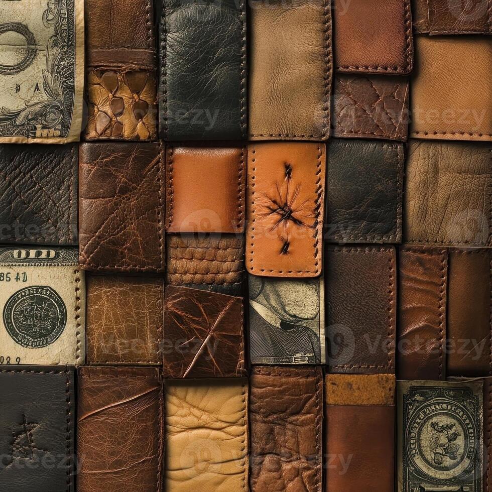 Leather patches and dollar bills arranged in an abstract grid photo