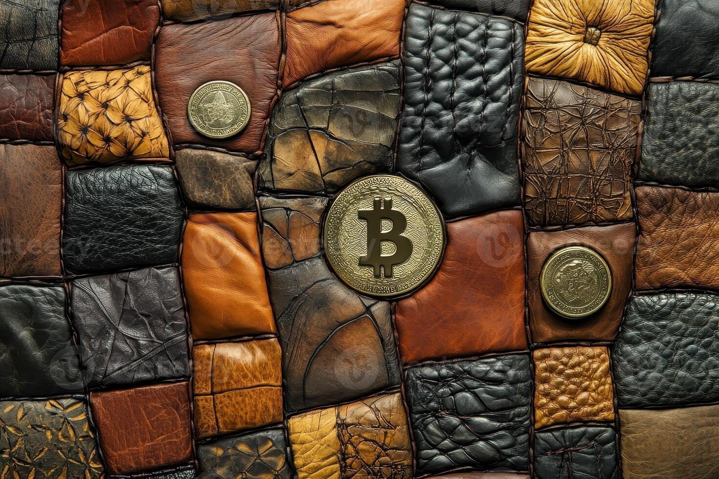 Cryptocurrencies placed upon a patterned leather patchwork quilt background photo