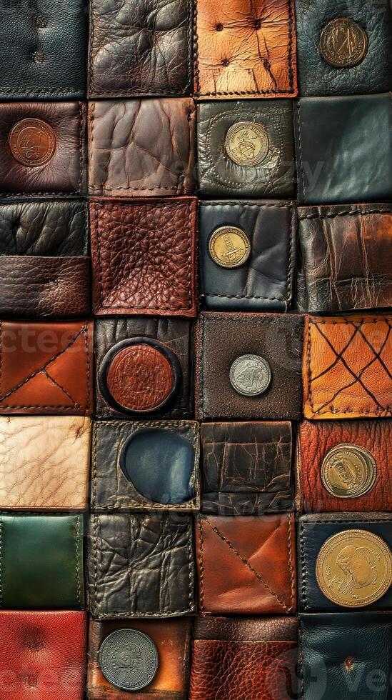 Patches of leather hide form a textured abstract collage photo