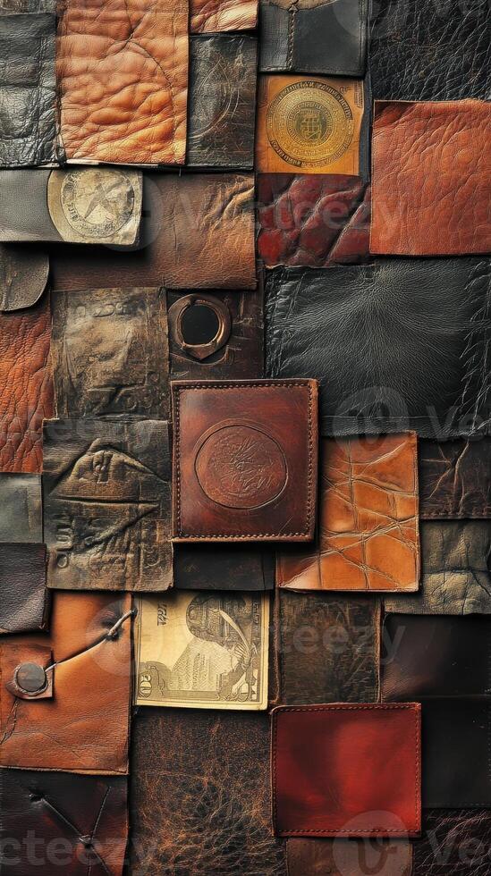 Variety of leather squares create a textured and layered collage photo