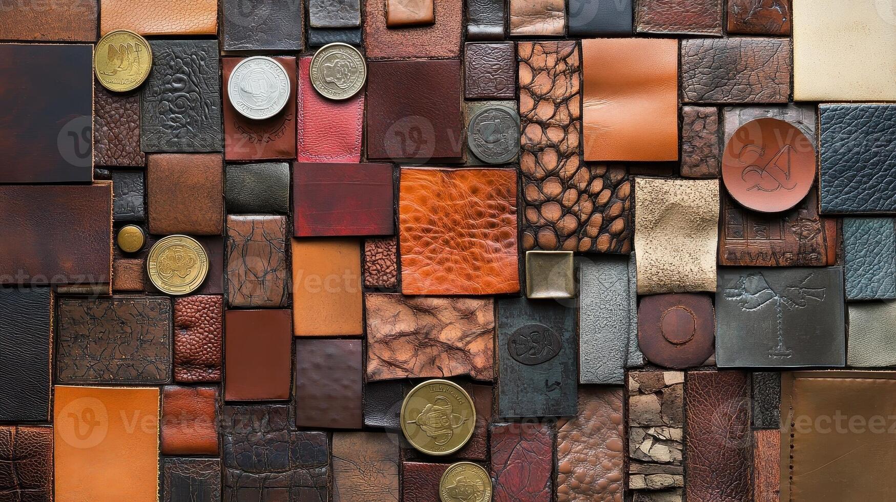 An array of leather swatches and coins compose the arrangement photo