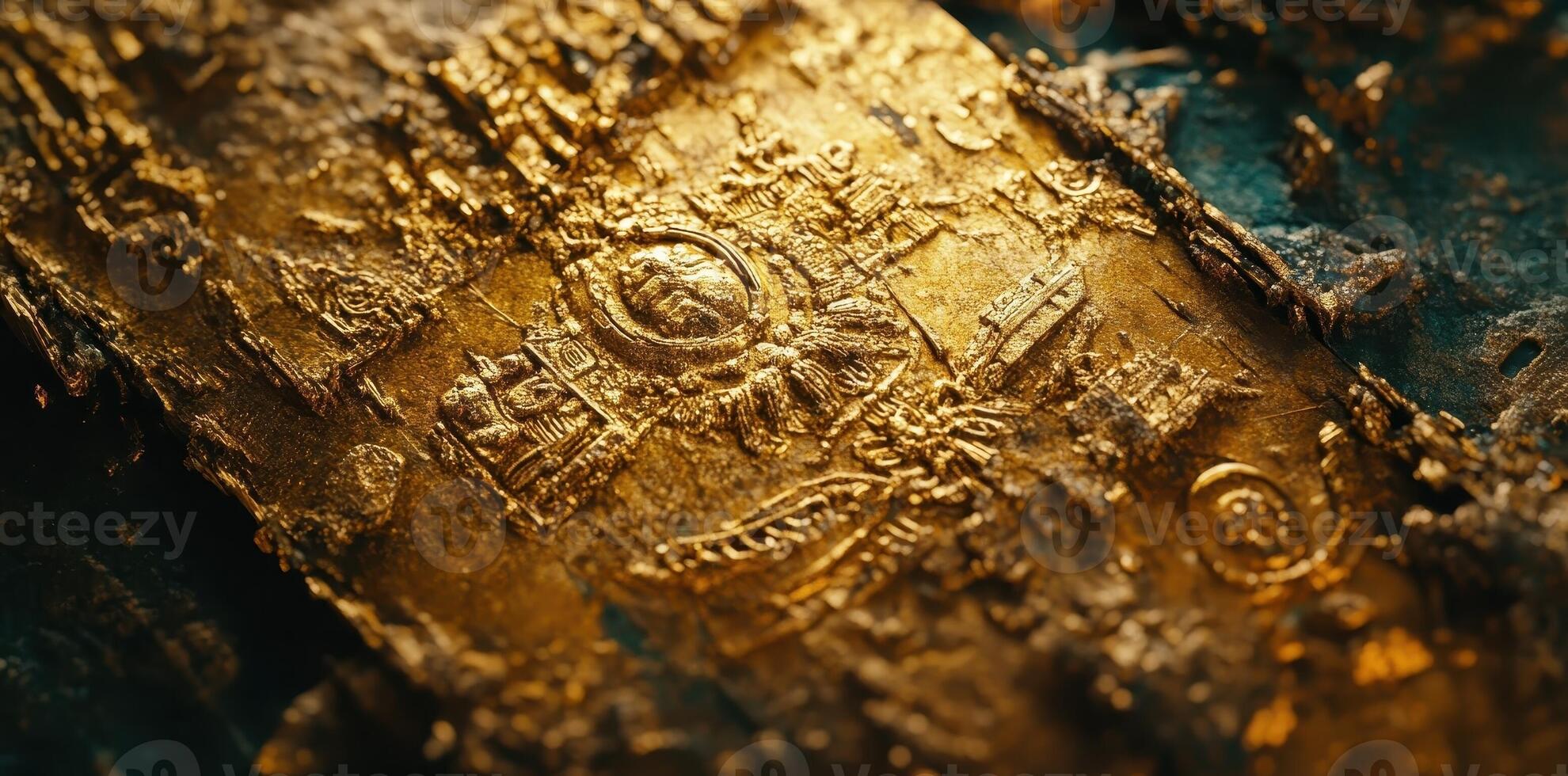 Ancient golden artifact featuring intricate engravings and weathered texture photo