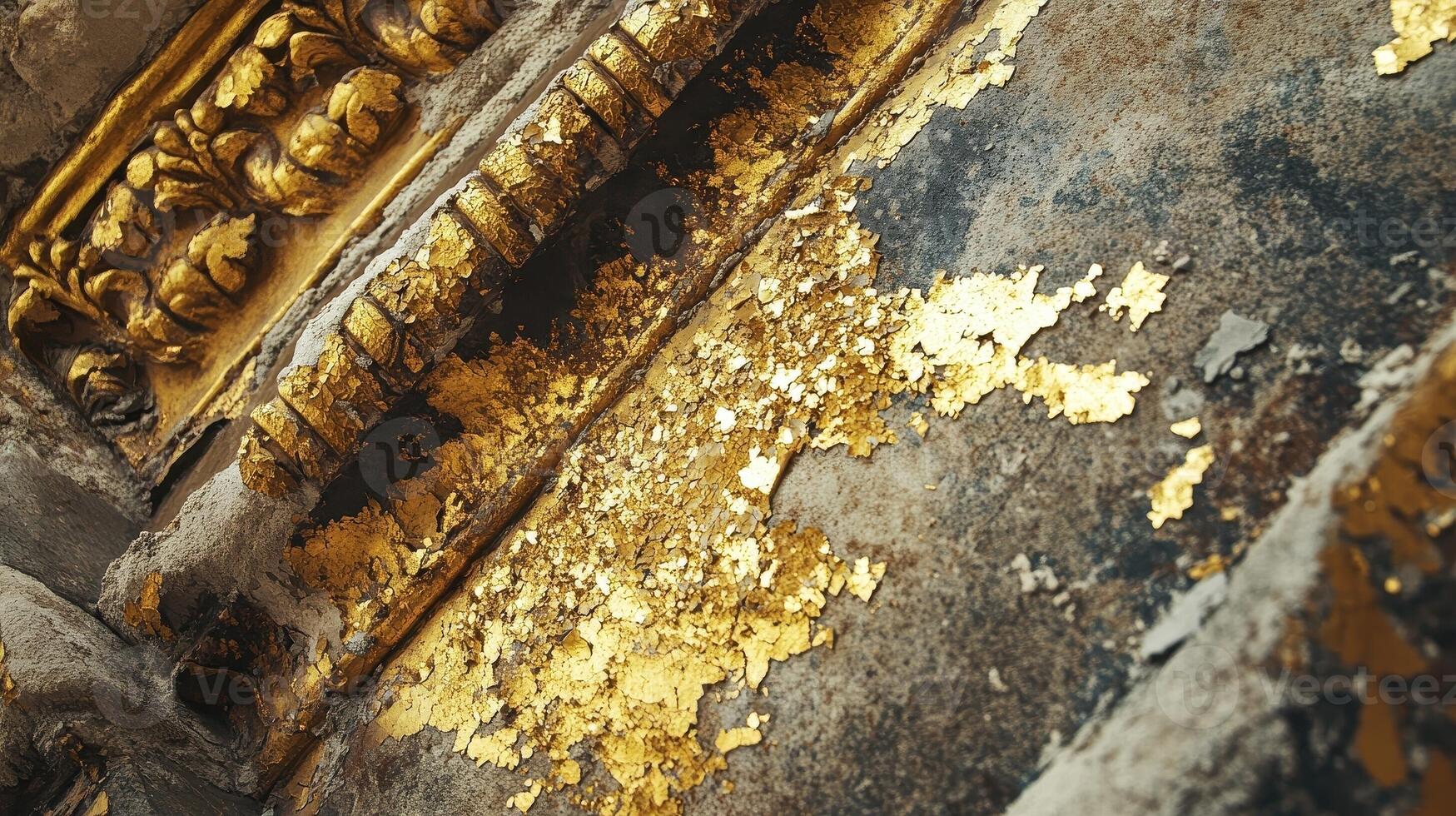 Decorated golden stucco detail crumbling on weathered surface closeup photo