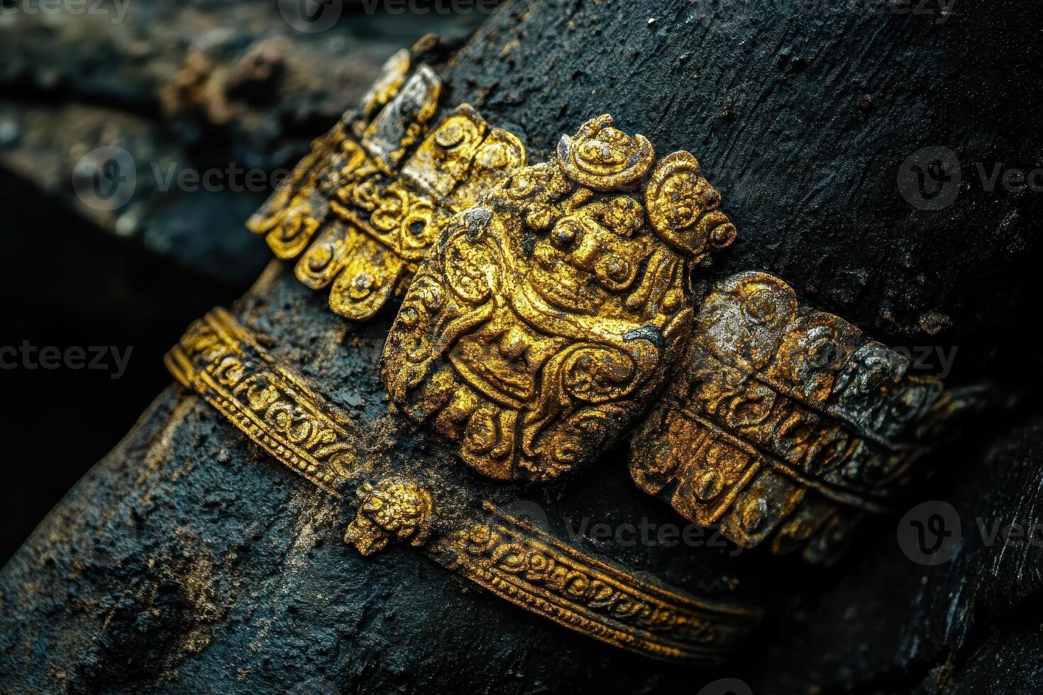Ornate golden bracelet adorns a dark textured surface closely photo