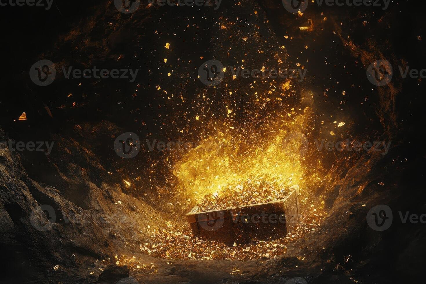 Treasure chest overflows with glowing gold in a dark cavern photo