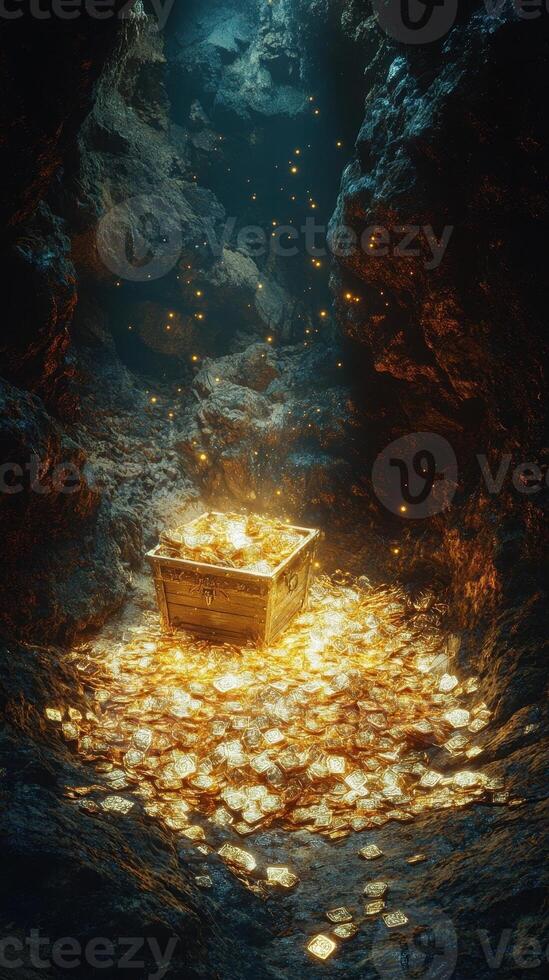 A wooden treasure chest filled with golden coins in cave photo