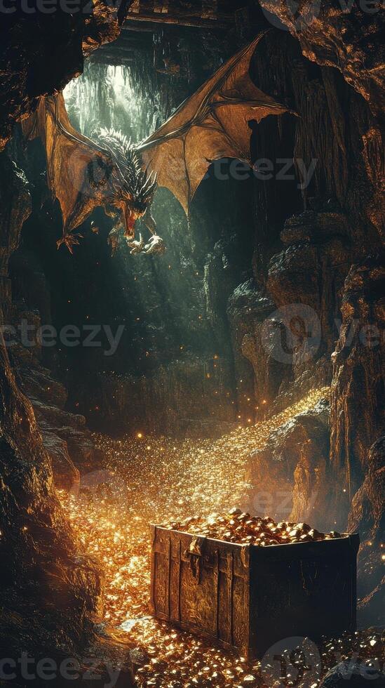 Dragon soars above a mountain of golden treasure in a cave photo
