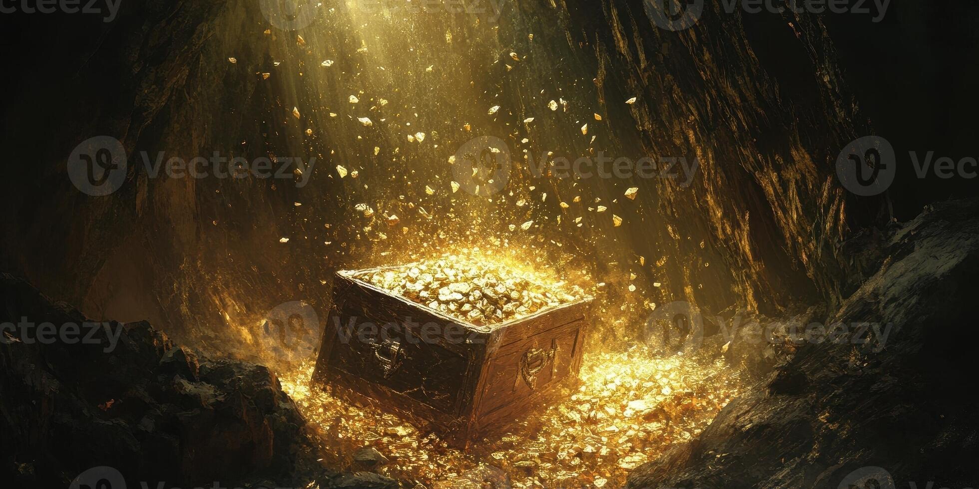 Treasure chest filled with gold in a dark cave photo