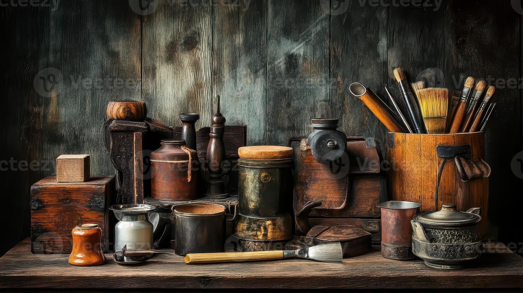 Still life displaying an assortment of rustic wooden and metal objects photo